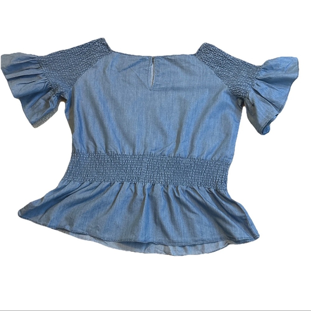 Ashley Stewart Smocked Peplum Stonewash Jean Blouse Flare Sleeve Fairy SZ 18/20 - Picture 8 of 16
